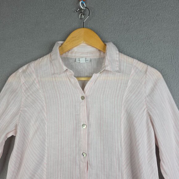 J Jill Shirt Women XS Petiie White/Pink Beachy 100% Linen Preppy School Striped - Picture 1 of 10